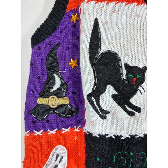 Vintage Halloween Sweater Vest Medium Black Orange Patchwork Beaded Witch - Picture 8 of 10